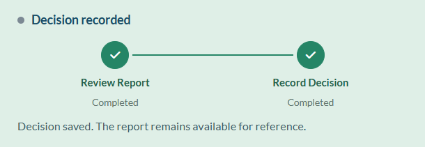 Actual IDC Decision recorded timeline showing Review Report and Record Decision completed, with the report retained for reference