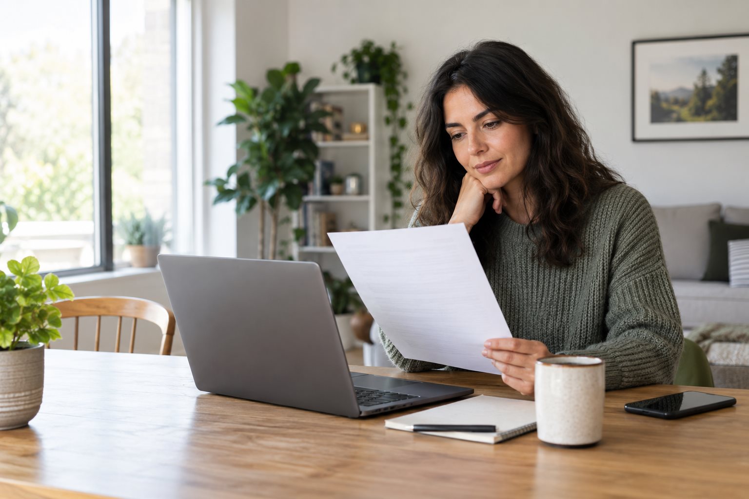 Candidate reviewing a document beside a laptop