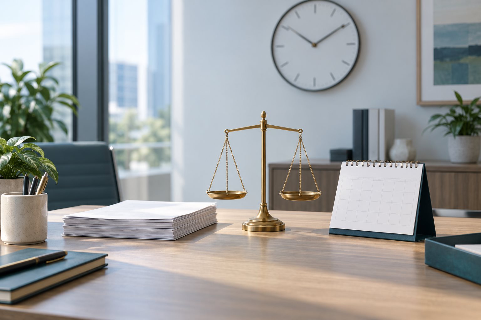Notice packet, calendar, and balance scale beneath an office wall clock