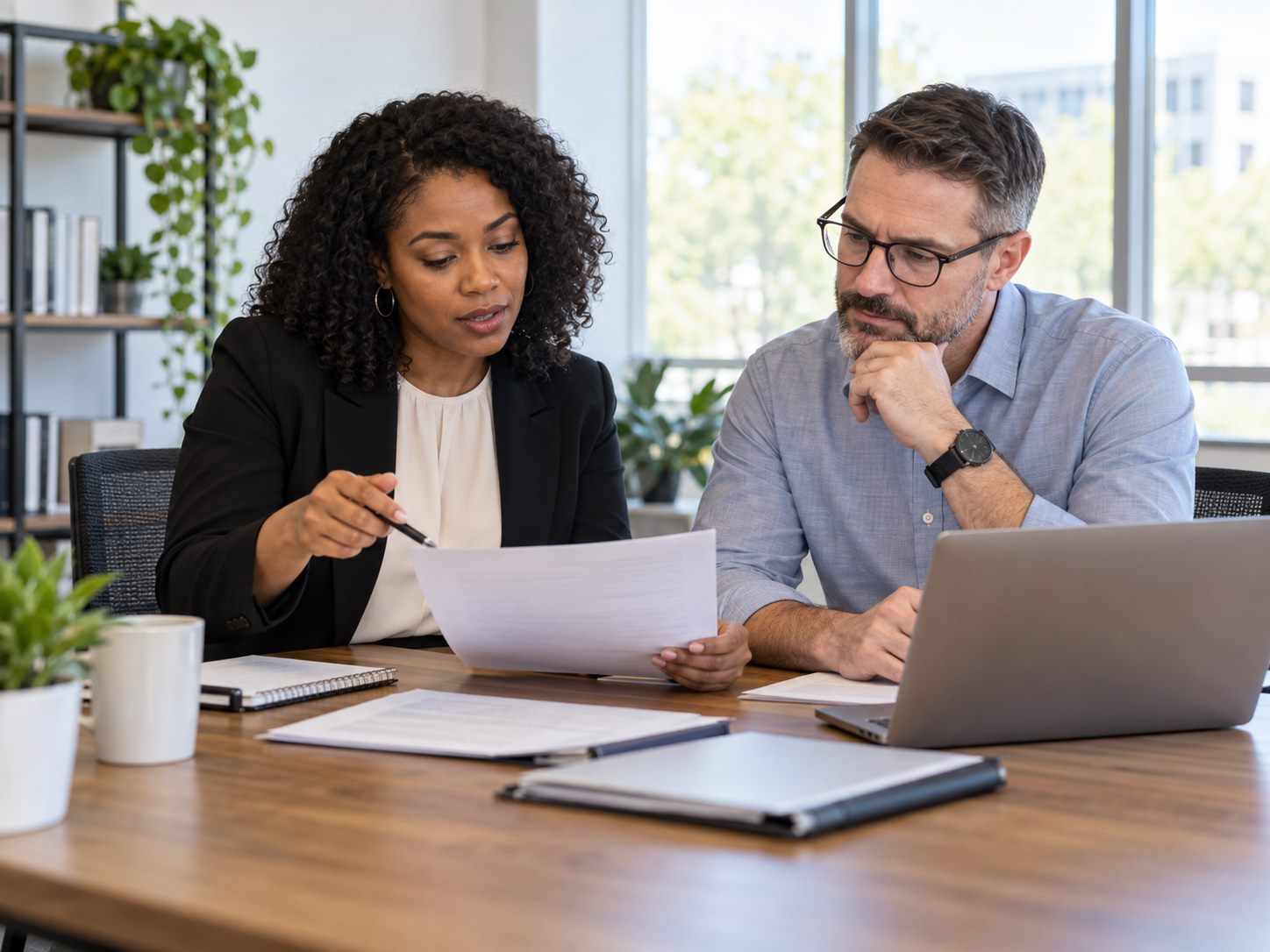 Two colleagues examining a report together before a decision
