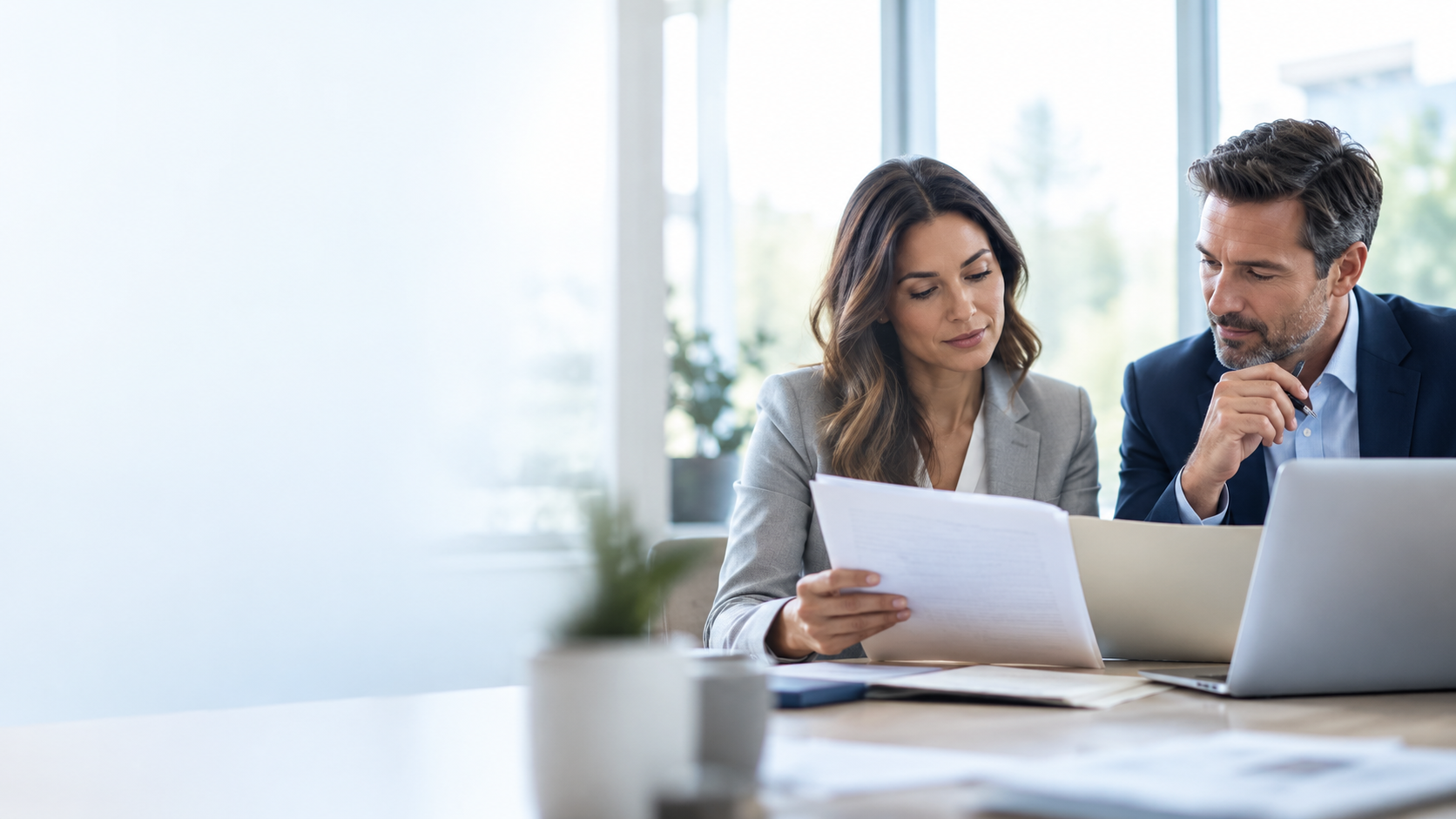 Two professionals carefully reviewing documents together