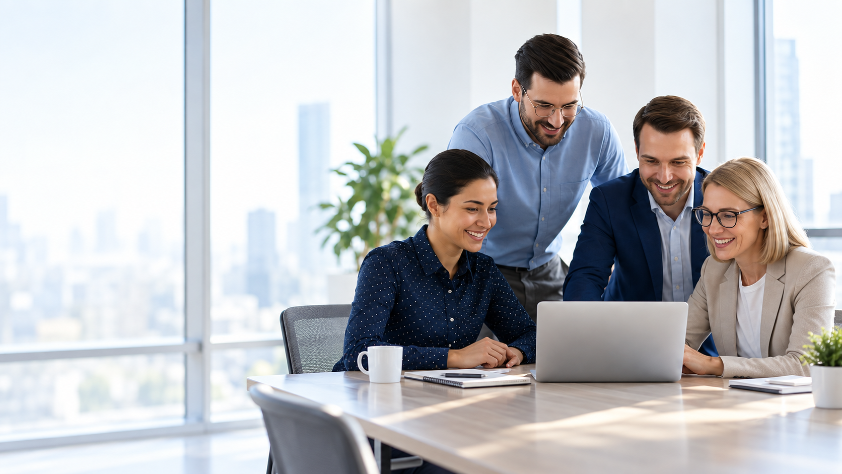 Four professionals looking at a laptop together