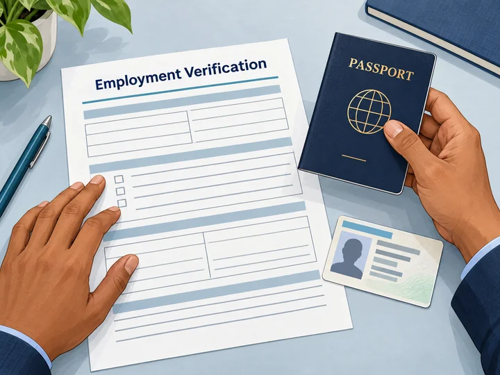 Illustration of hands reviewing an employment verification worksheet, passport, and generic identification card