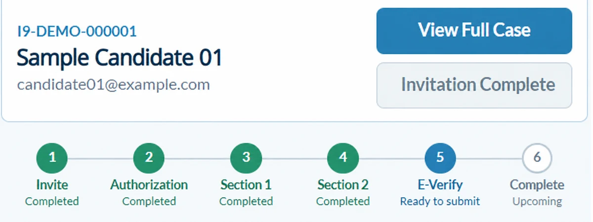 Anonymized IDC case workflow showing completed I-9 sections and E-Verify ready to submit, not an authorization result