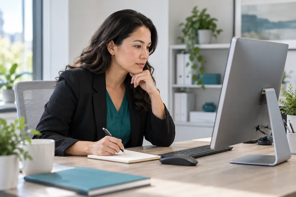 HR specialist reviewing case information at a workstation