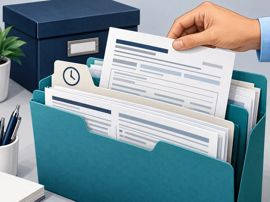 Illustration of organized case forms retained in a folder with a history divider