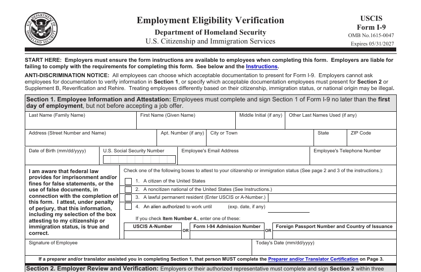 Top half of blank Form I-9 showing the employee information and attestation in Section 1