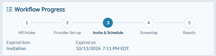 IDC Workflow Progress screen showing five stages from Candidate Intake to Results, with Invite and Schedule selected and an expired invitation noted