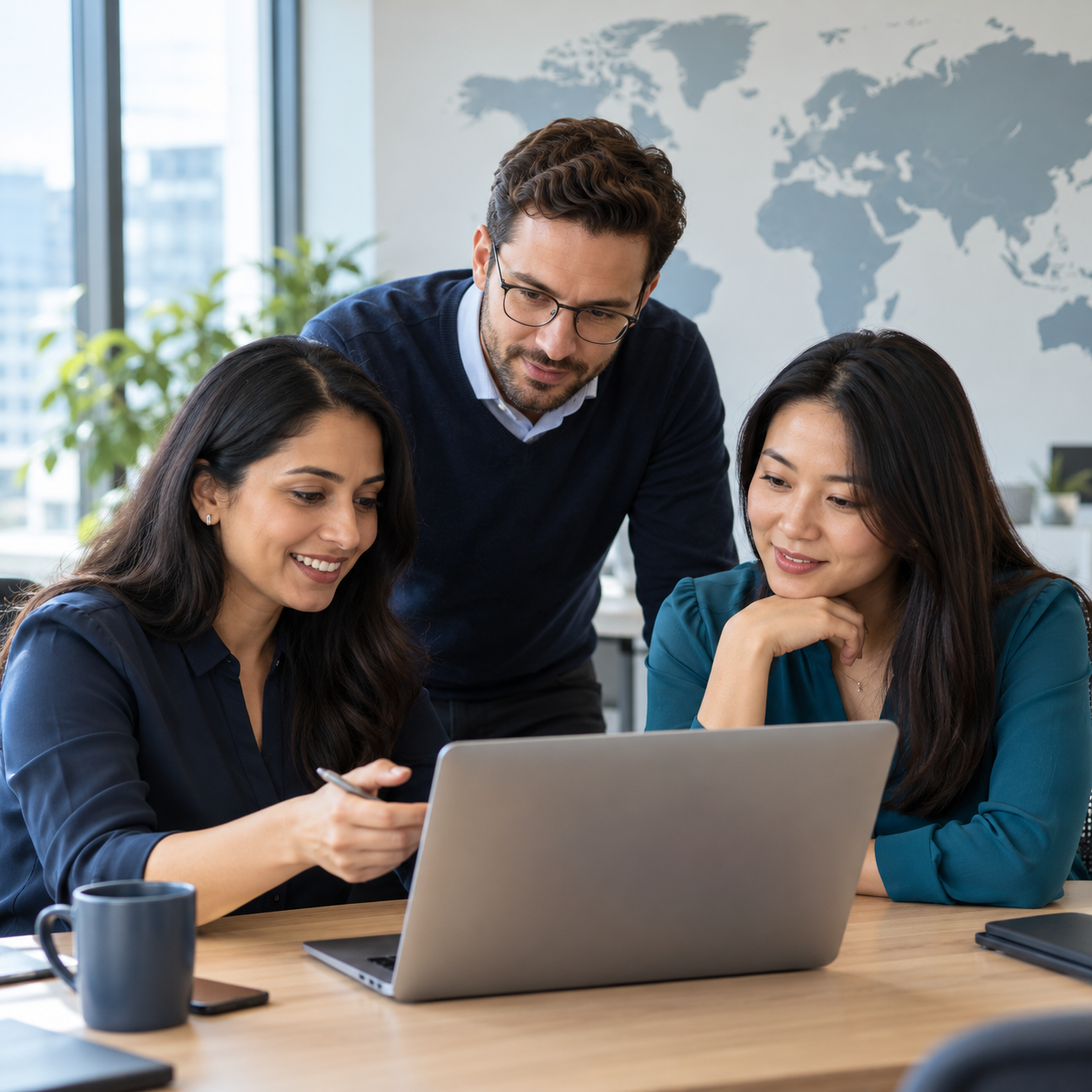 Three hiring colleagues reviewing a laptop together with a world map behind them