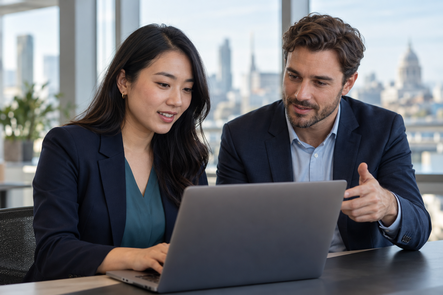 An operations coordinator and colleague reviewing the next action together on a laptop