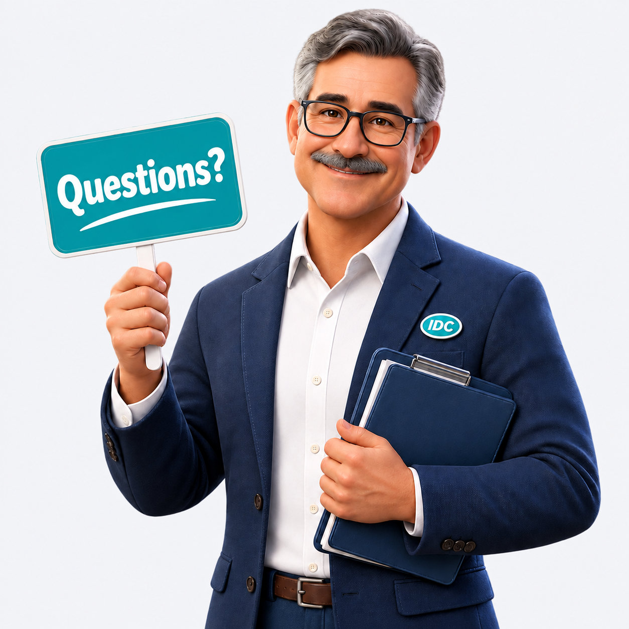 Friendly IDC guide holding a Questions sign and clipboard